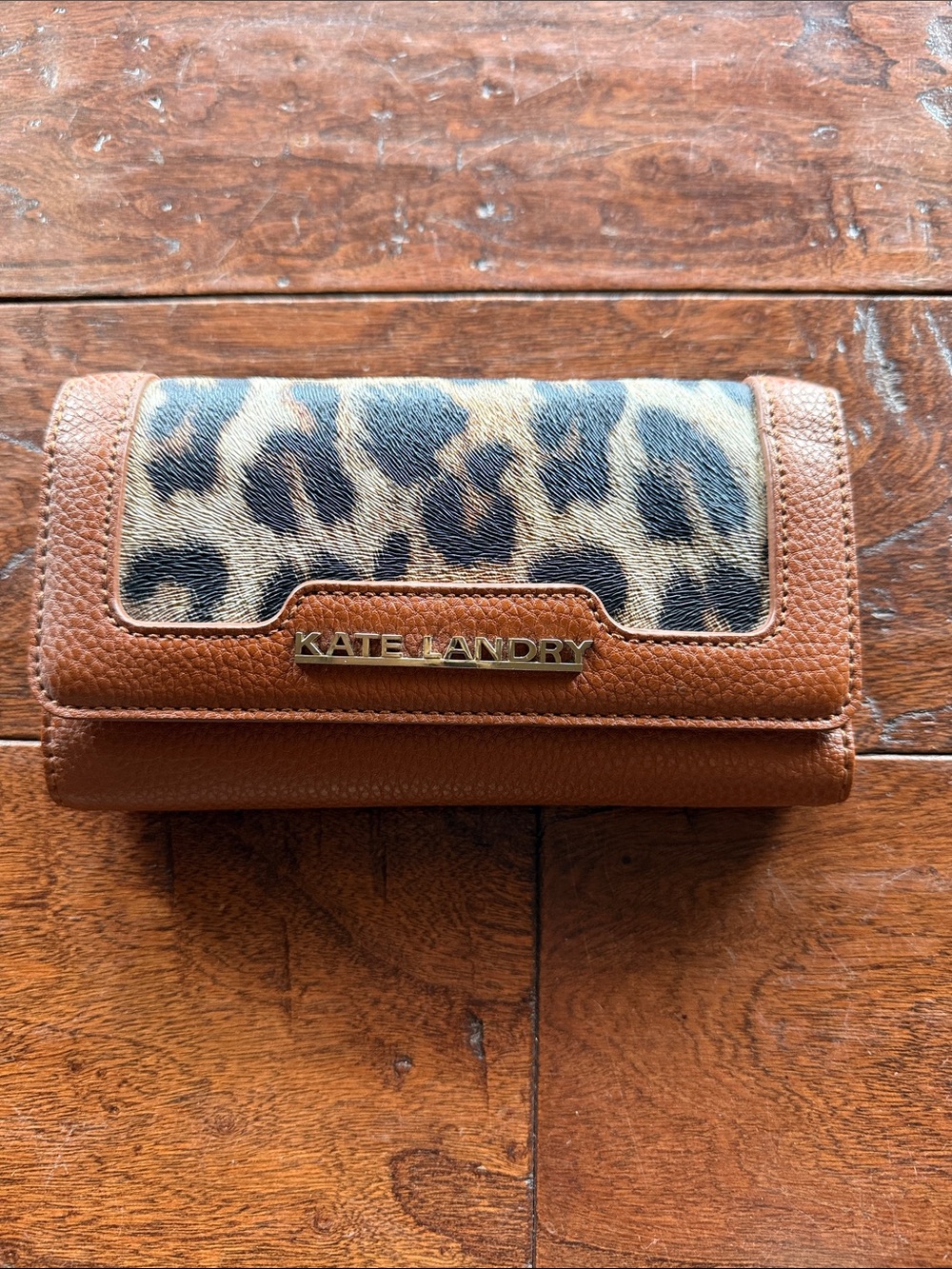 Kate Landry Brown Leather Wallet with Leopard Print Accent